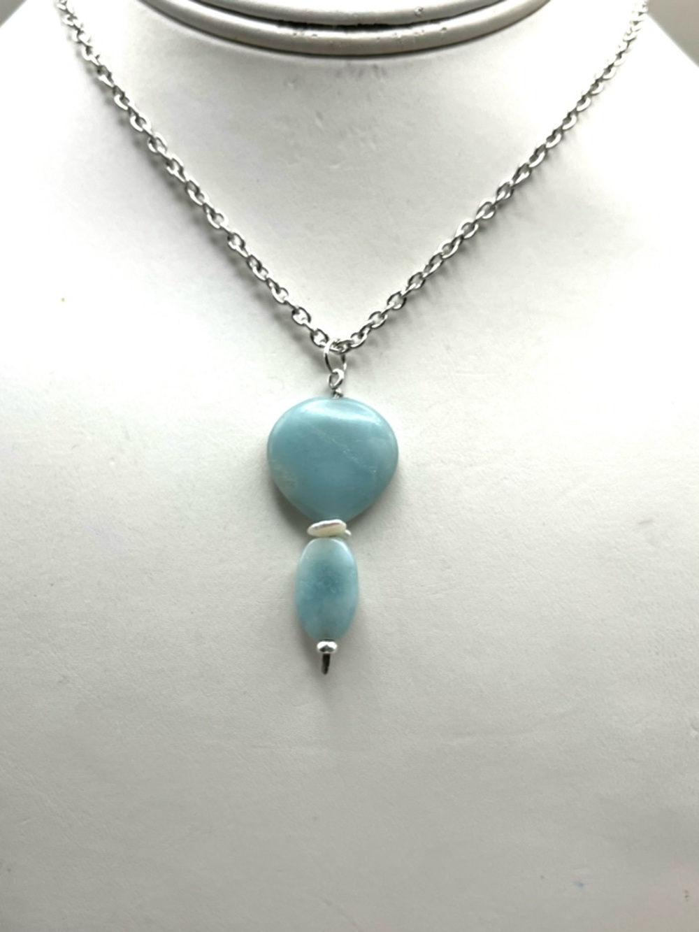 Amazonite Gemstone Pendant Necklace Silver Tone Chain Blue Green Stone Boho
